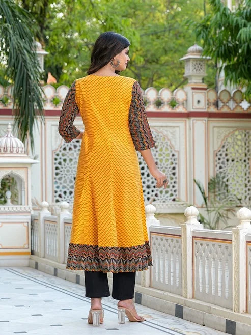 FASHION PLUS STORE Women's Cotton Geometric Print Calf Length Anarkali Kurta Pant And Duptta (Mustard)