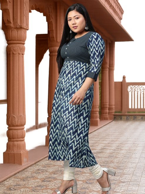 Cotton Chevron Print Kaantha Work A-line Kurta