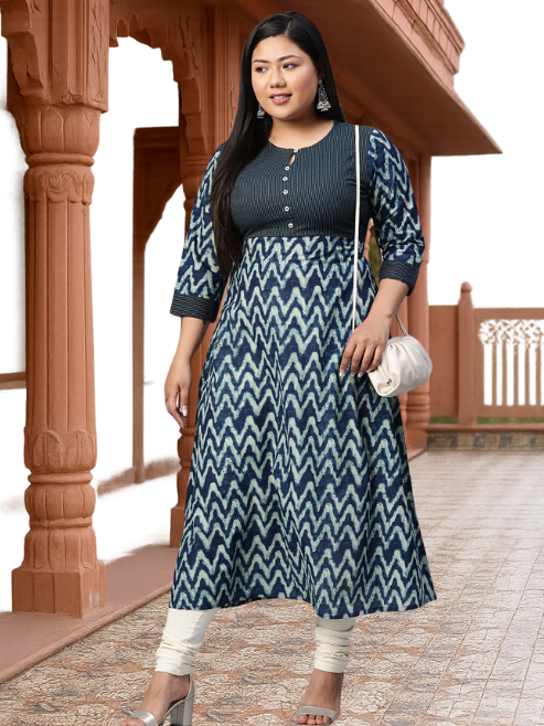 Cotton Chevron Print Kaantha Work A-line Kurta