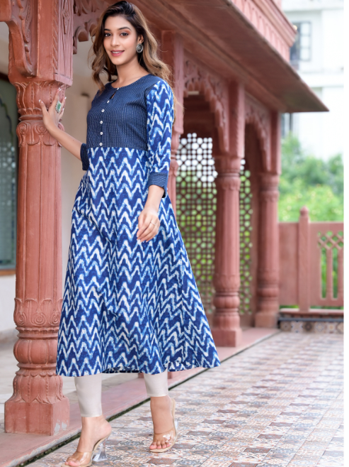 Cotton Chevron Print Kaantha Work A-line Kurta
