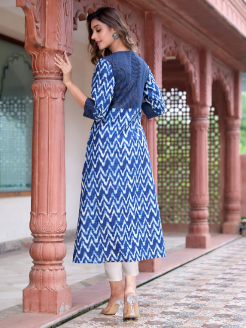 Cotton Chevron Print Kaantha Work A-line Kurta