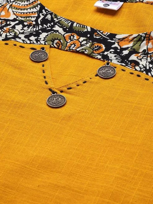 Cotton Blend Kalamkari Print Kaantha Work A-line Kurta