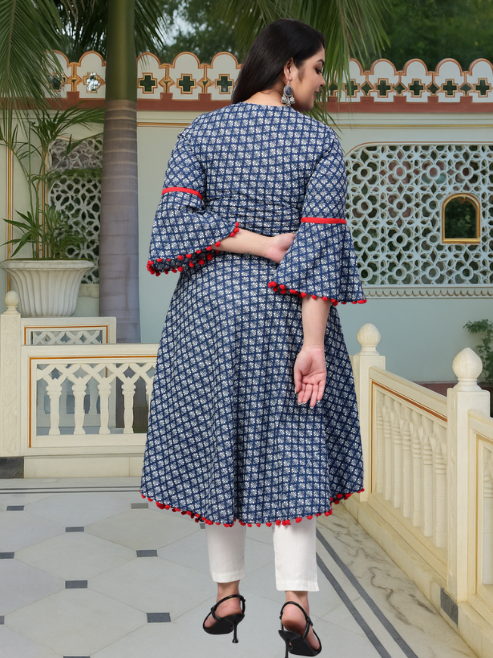 Cambric Cotton Printed Mirror Work A-Line Kurta