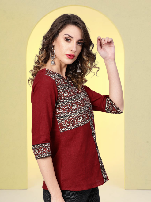 Fashion Plus Store Women's Cotton Slub Kalmakari Printed Regular Fit Top for Women