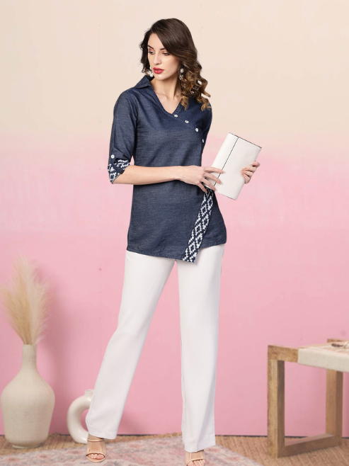 Denim Printed Regular Top (Blue)