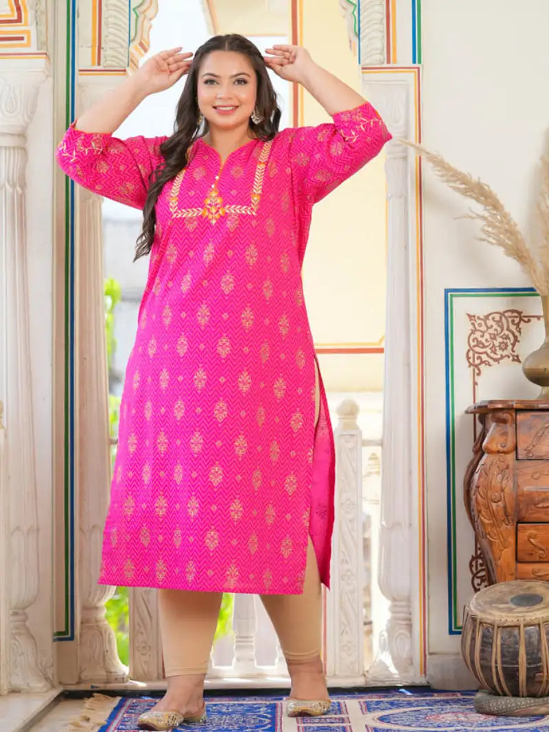 Cambric Cotton Zari Embroidered Straight Kurta (Pink)