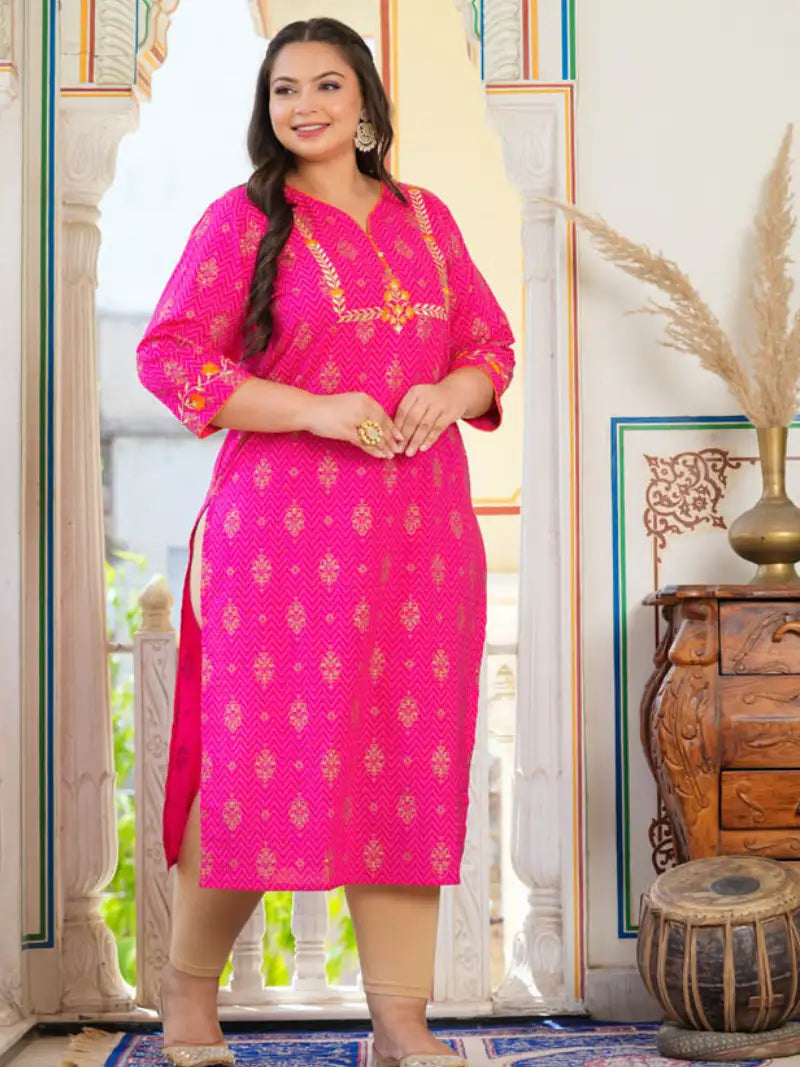 Cambric Cotton Zari Embroidered Straight Kurta (Pink)