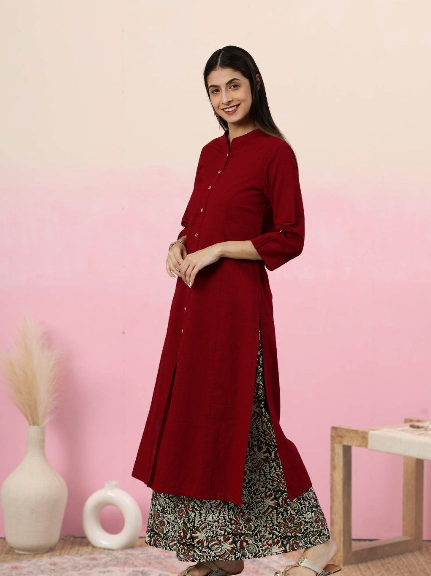 women cotton slub solid straight kurta with ajarak printed palazzo set maroon