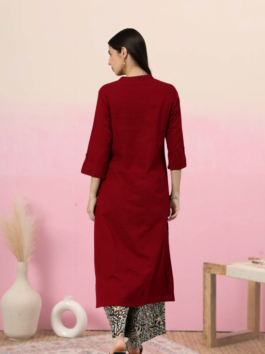 women cotton slub solid straight kurta with ajarak printed palazzo set maroon