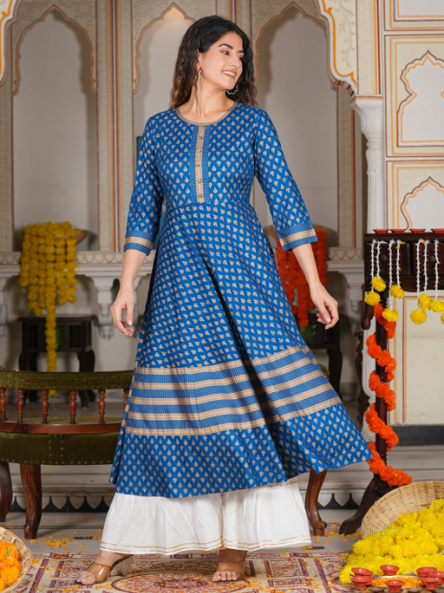 women rayon golden buti printed anarkali kurta blue