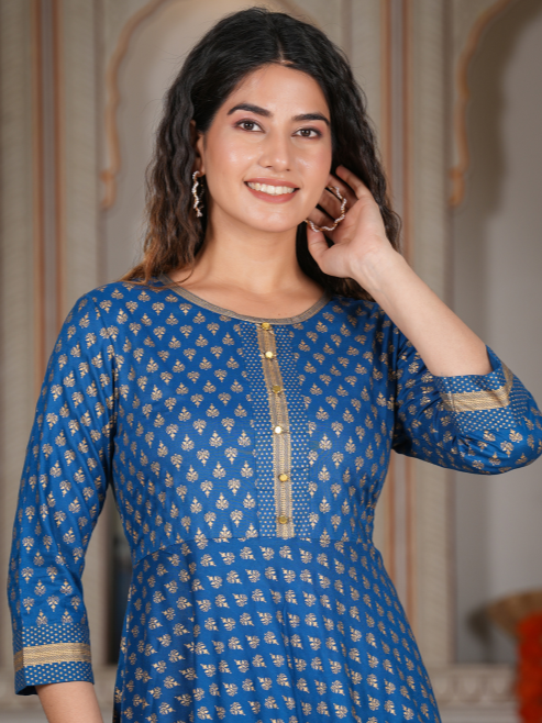 women rayon golden buti printed anarkali kurta blue