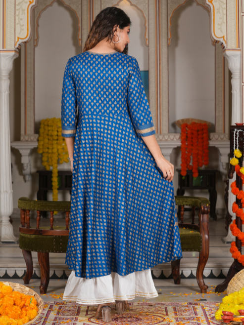 women rayon golden buti printed anarkali kurta blue