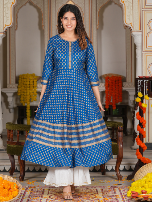 women rayon golden buti printed anarkali kurta blue