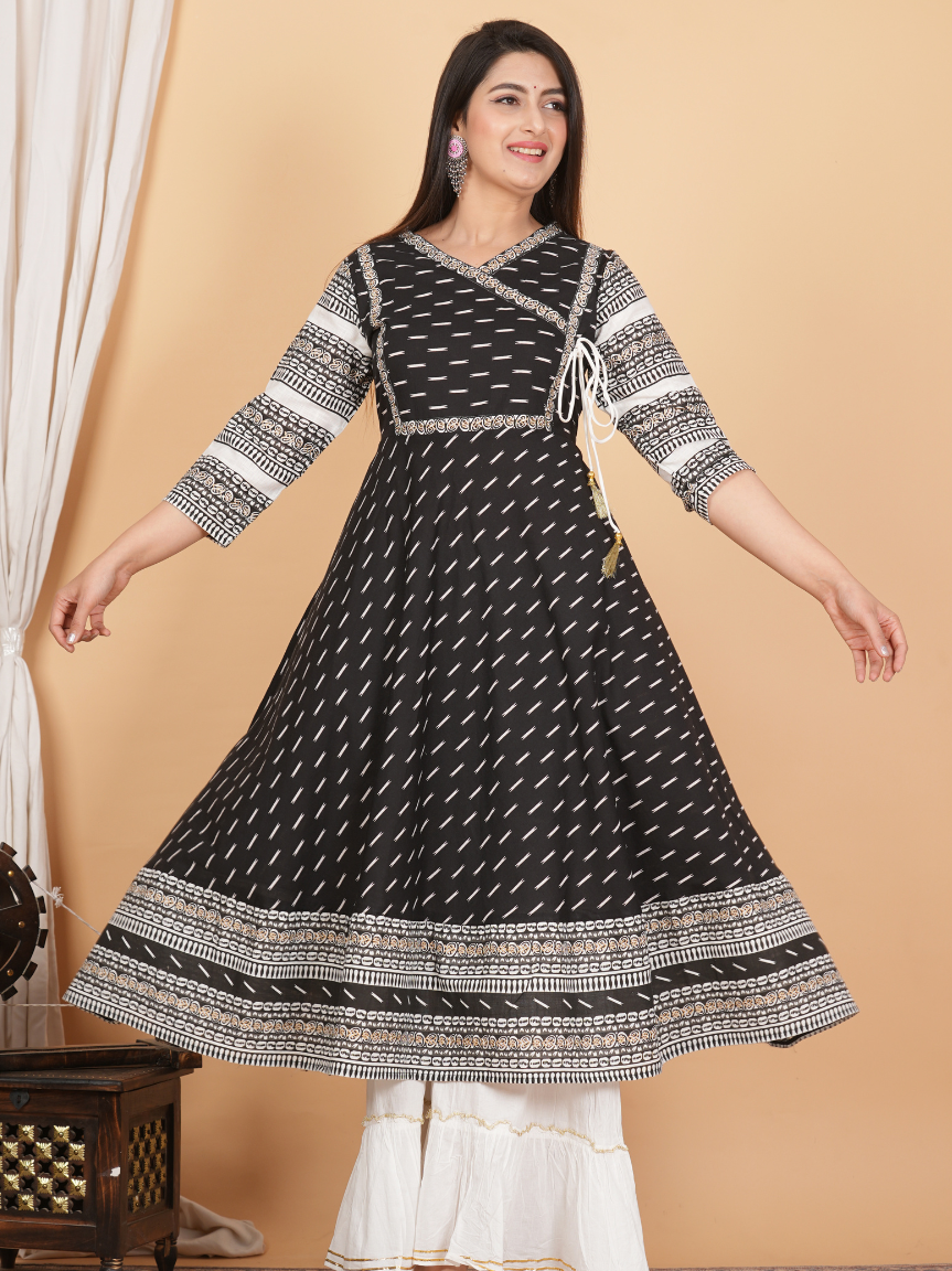 Cotton & Cotton Slub Ikat Printed Anarkali Kurta Dress
