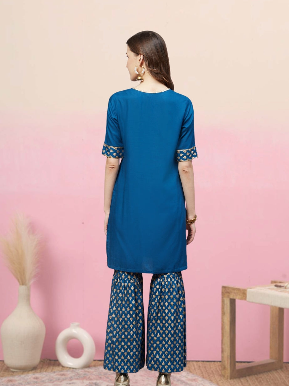 women rayon gold printed straight kurta sharara set blue