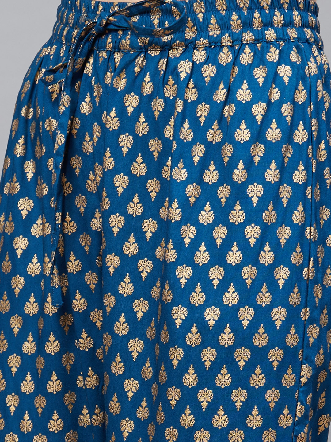 women rayon gold printed straight kurta sharara set blue
