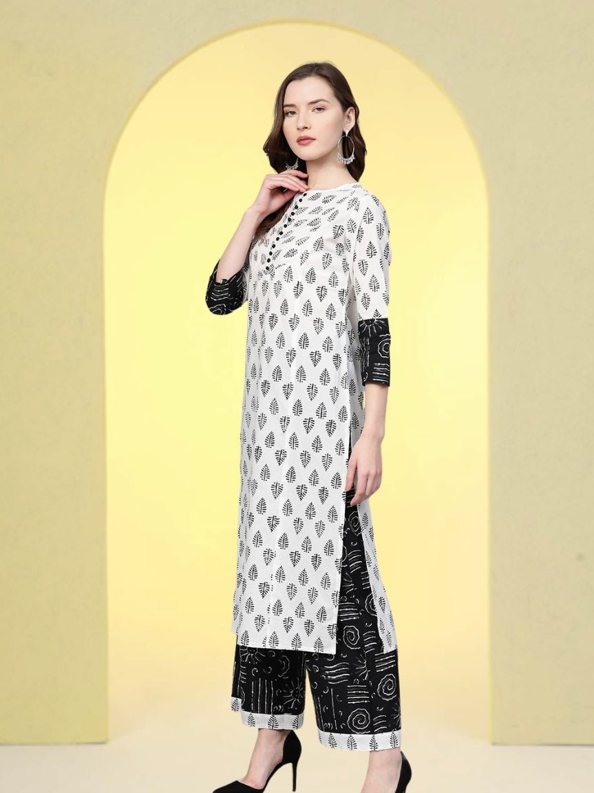 women cotton floral printed straight kurta with palazzo dupatta set white balck