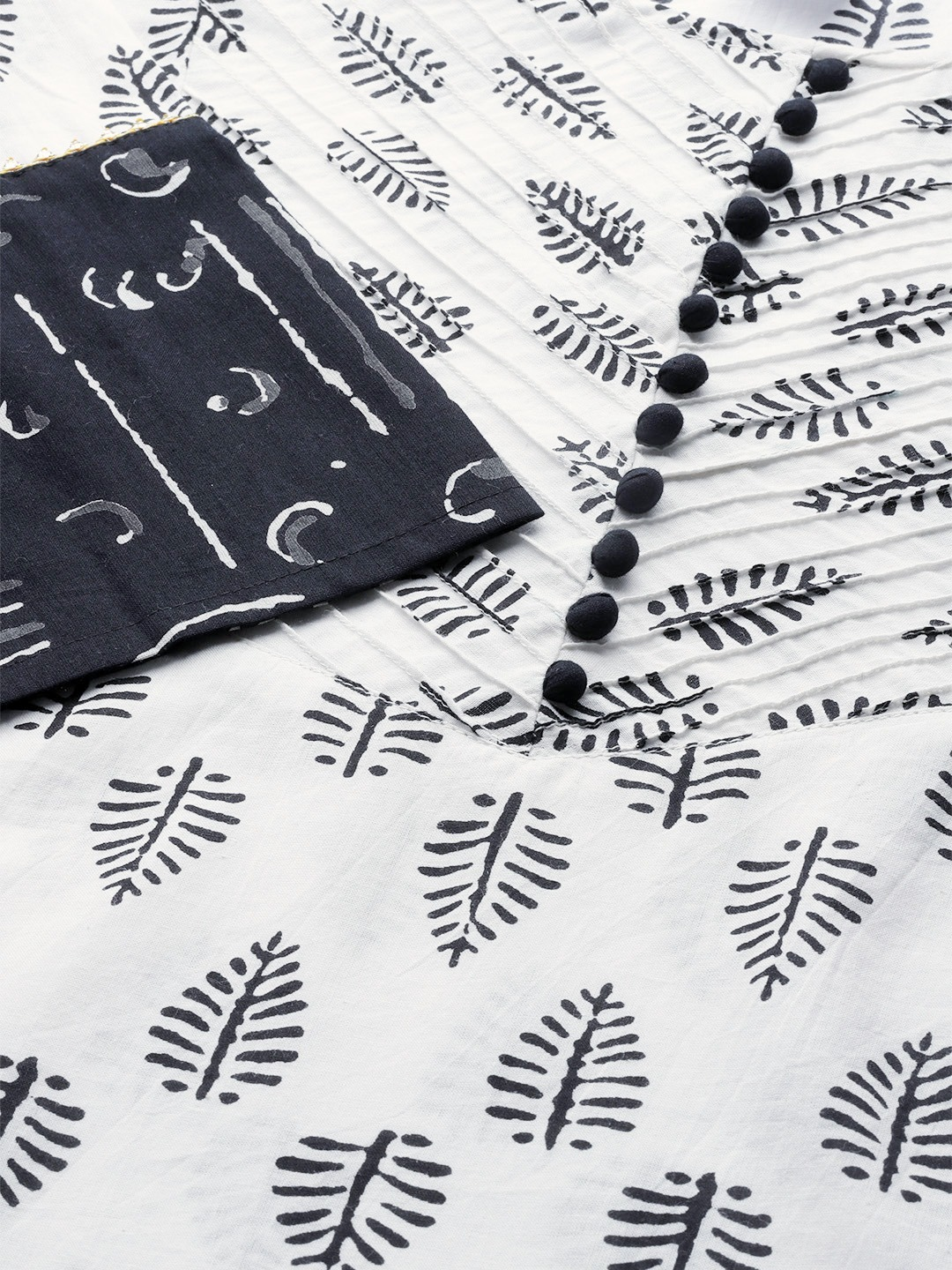 women cotton floral printed straight kurta with palazzo dupatta set white balck