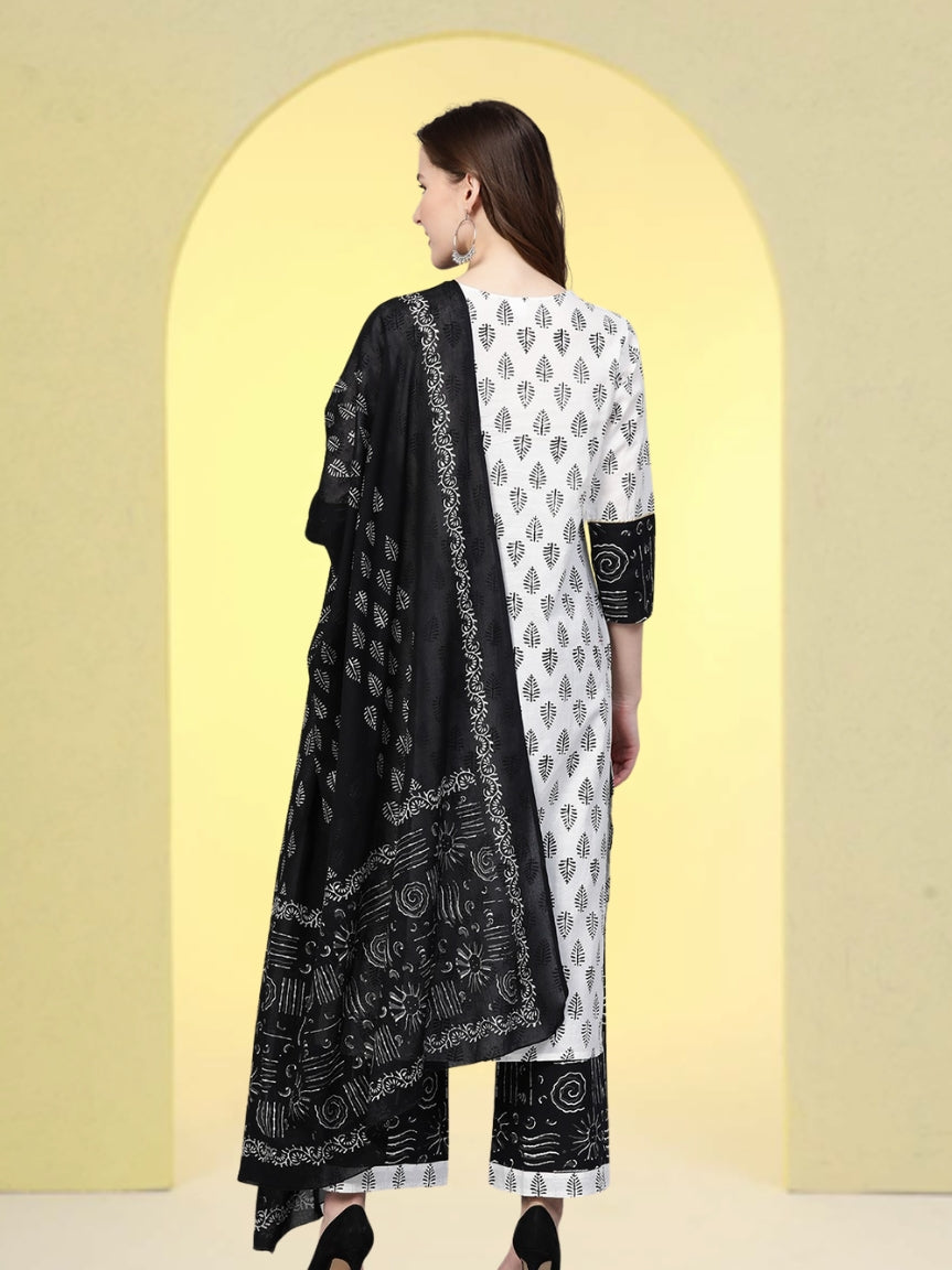 women cotton floral printed straight kurta with palazzo dupatta set white balck