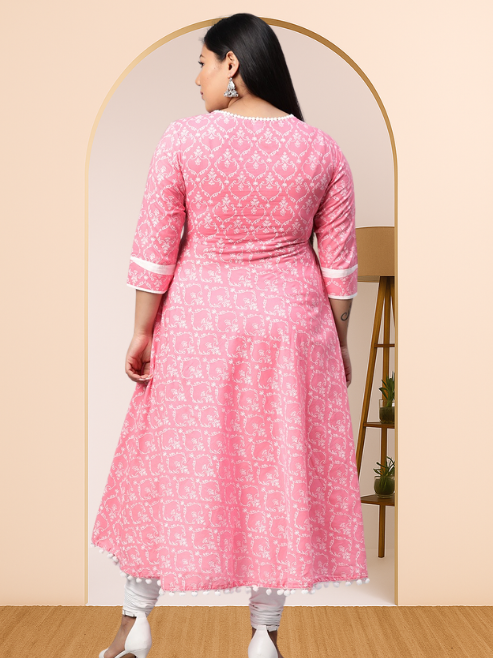 FASHION PLUS STORE Women's Cotton Floral Print Anarkali Kurta (Black)