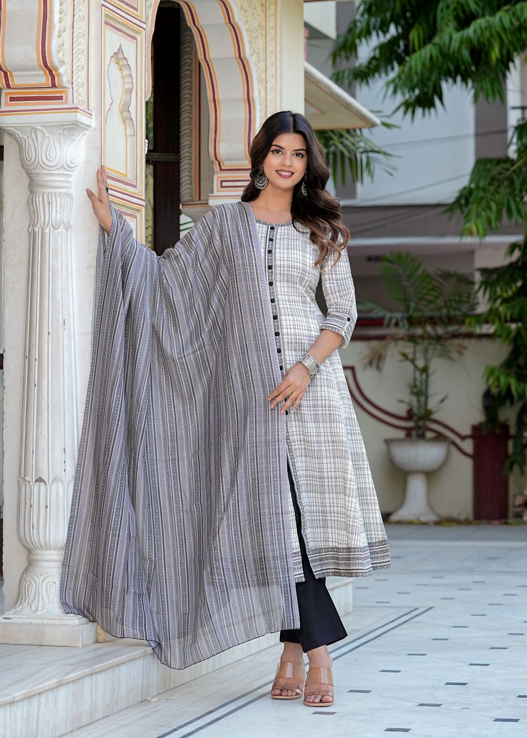 Fashion Plus Store Women's Cotton Slub Geomatrical Printed Anarkali Kurta & Duptta