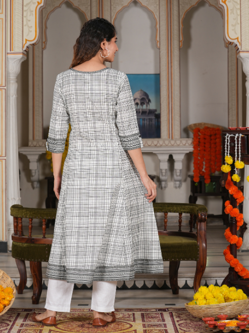 women cotton slub geomatrical printed anarkali kurta