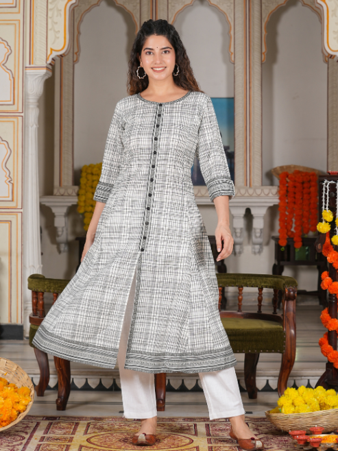 women cotton slub geomatrical printed anarkali kurta
