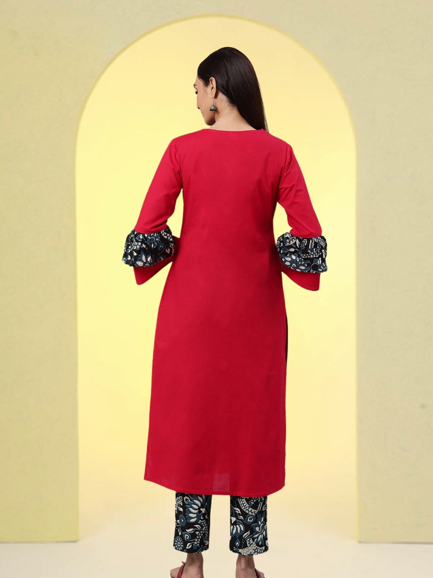 women cotton jacket style straight kurta pant set pink black