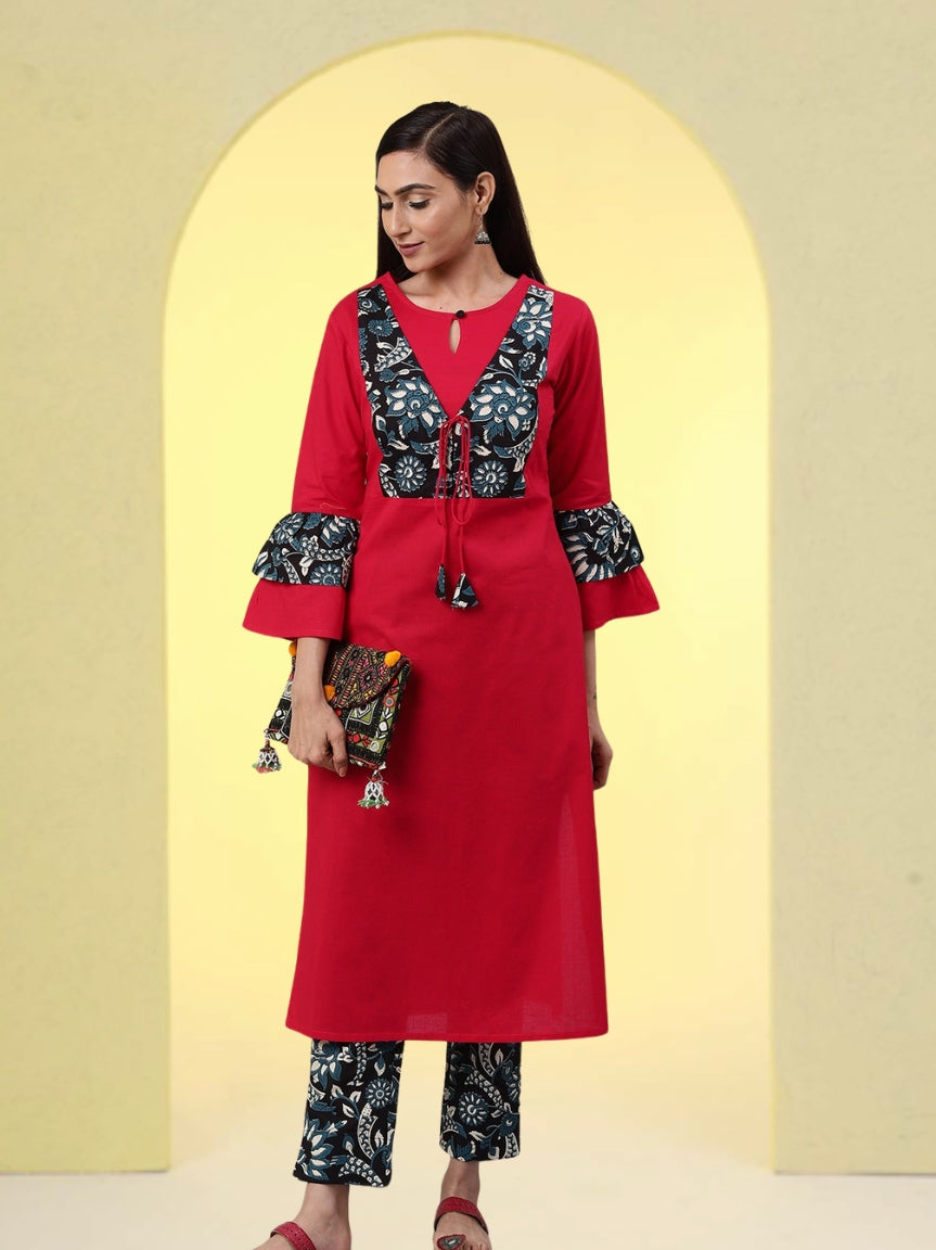 women cotton jacket style straight kurta pant set pink black
