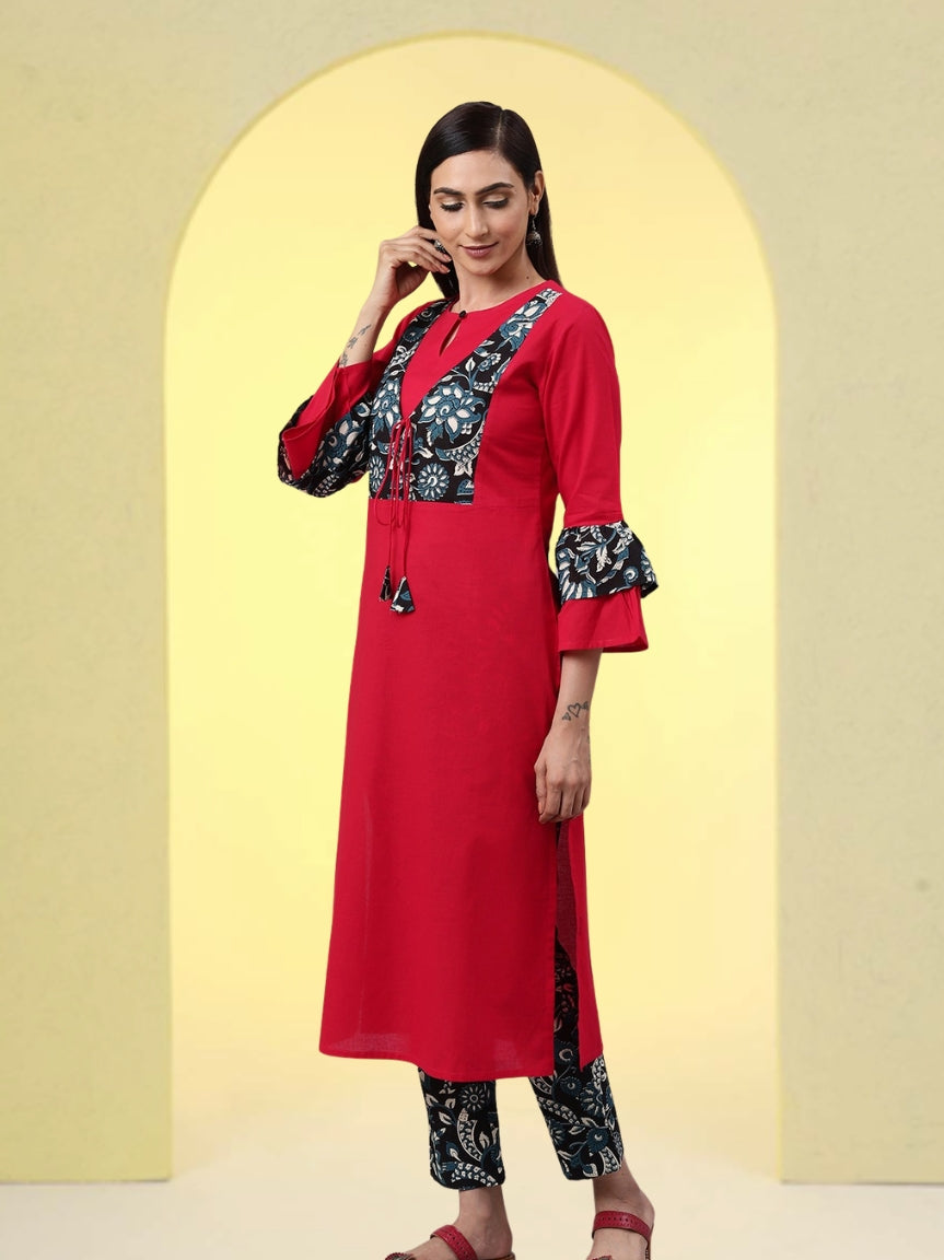 women cotton jacket style straight kurta pant set pink black