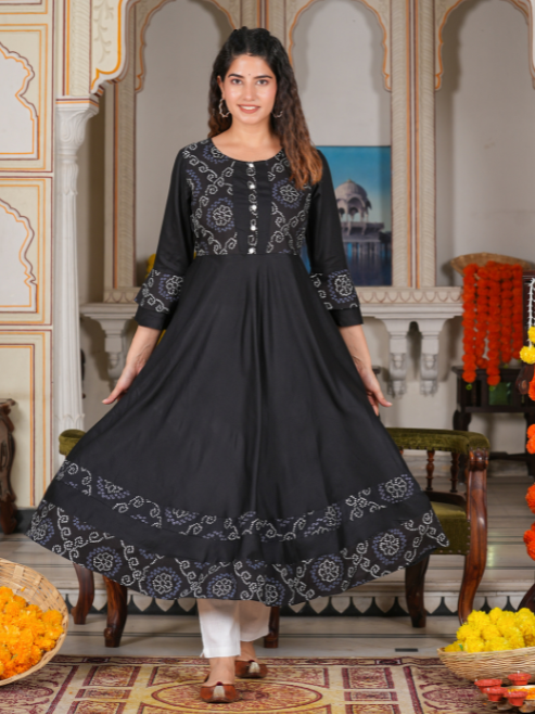 women cotton slub bandhej print anarkali kurta