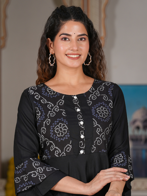 women cotton slub bandhej print anarkali kurta