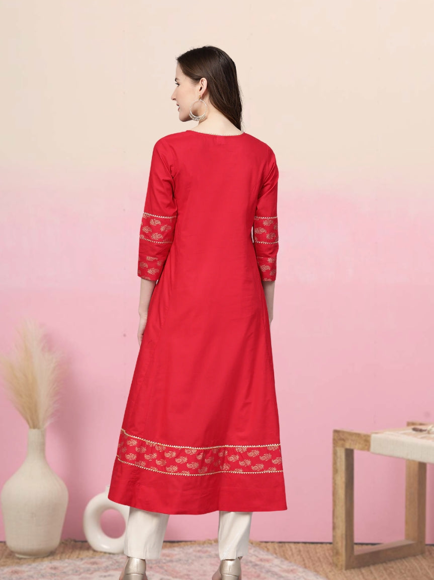women cotton floral printed anarkali kurta red