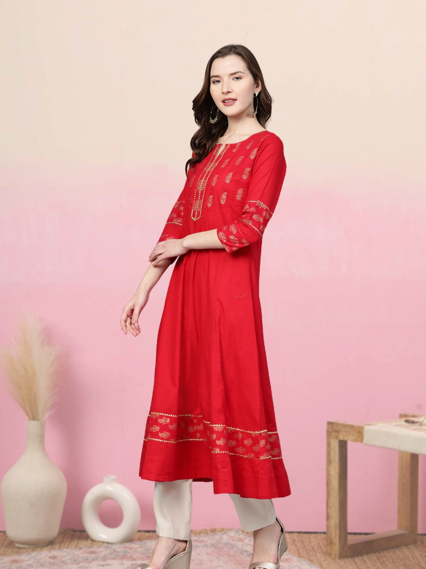 women cotton floral printed anarkali kurta red