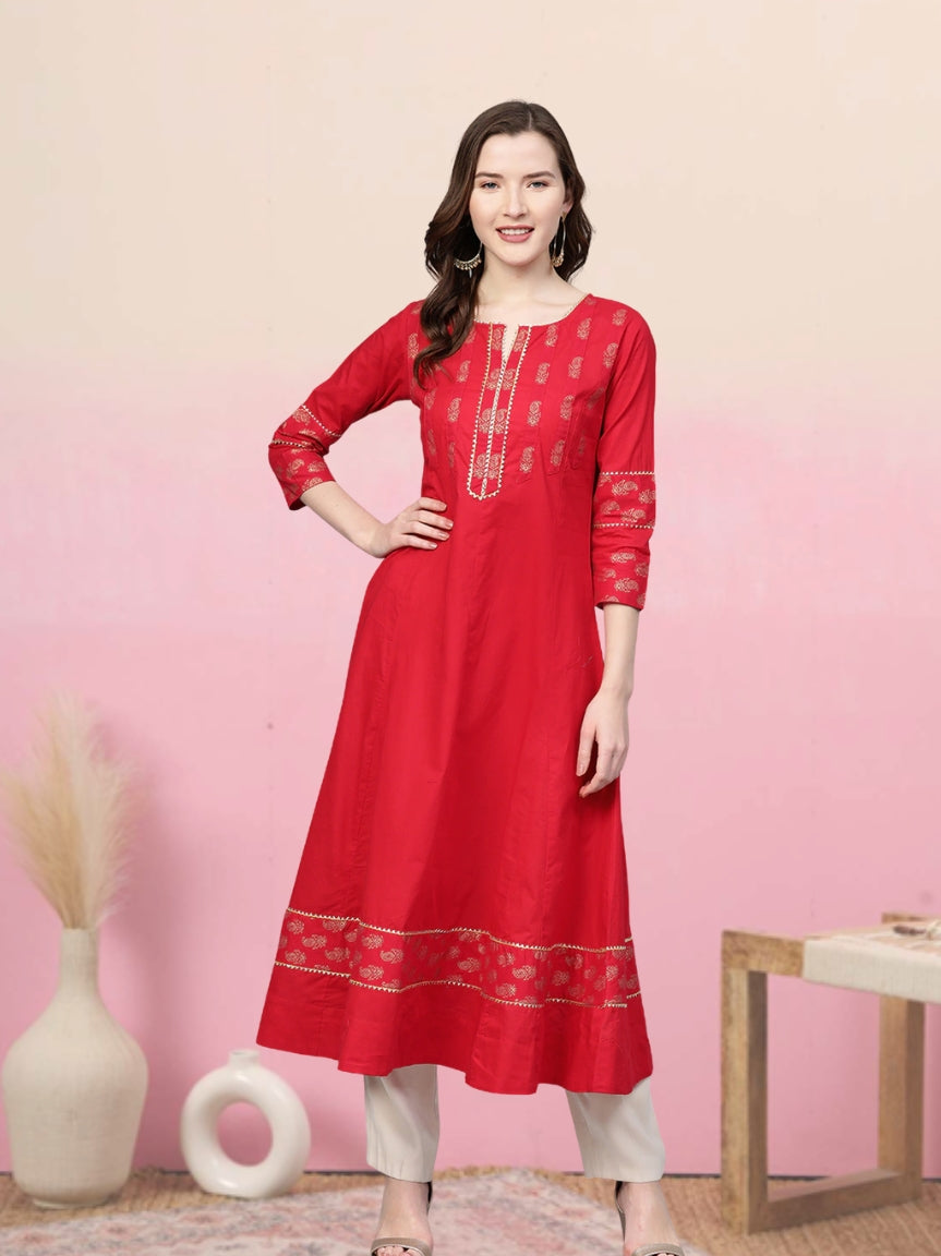 women cotton floral printed anarkali kurta red