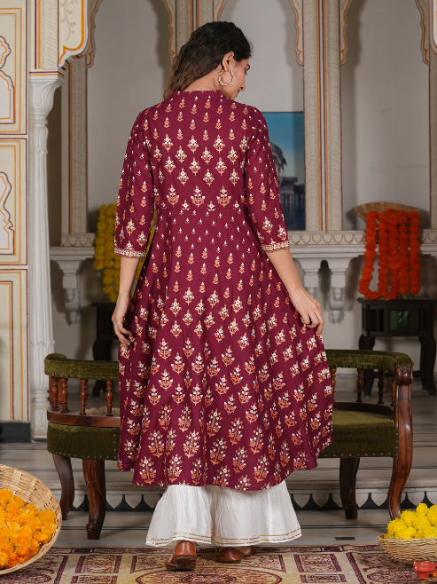 women rayon floral printed anarkali kurta maroon