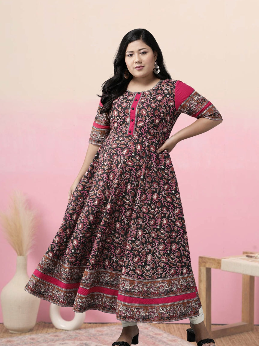 women cotton floral printed anarkali kurta black