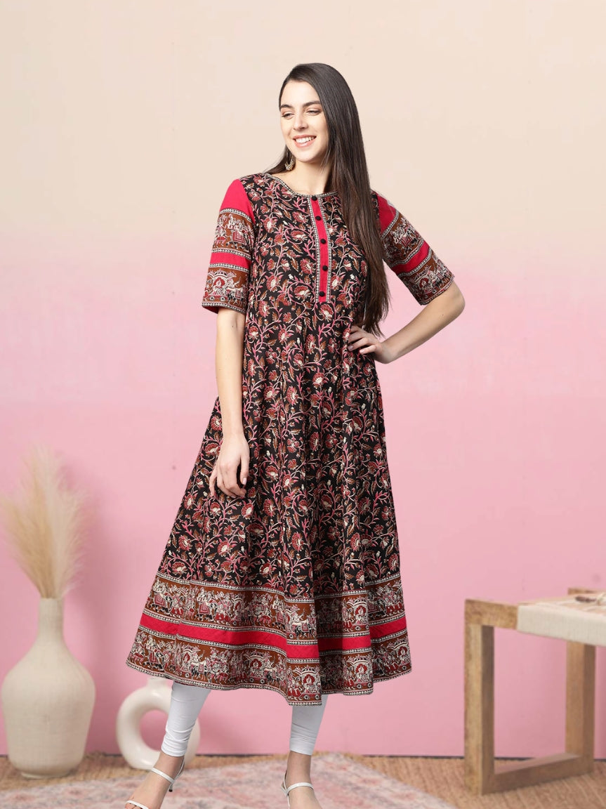 women cotton floral printed anarkali kurta black