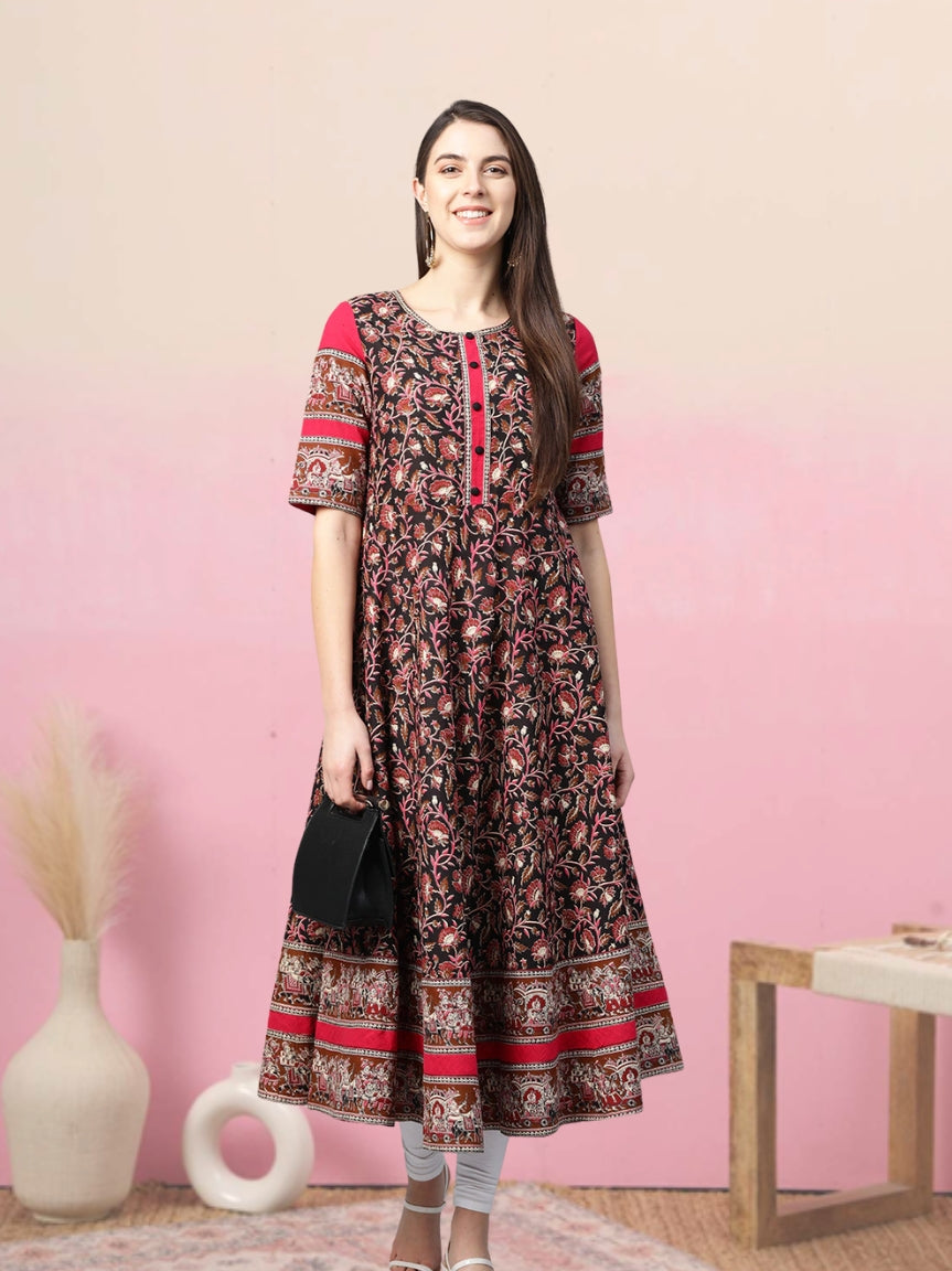 women cotton floral printed anarkali kurta black