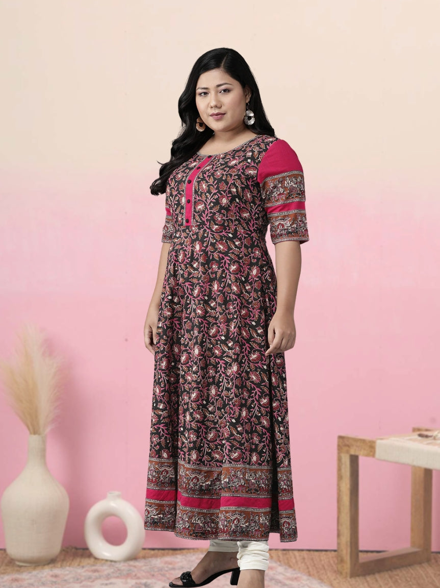 women cotton floral printed anarkali kurta black