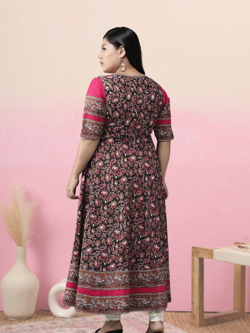 women cotton floral printed anarkali kurta black