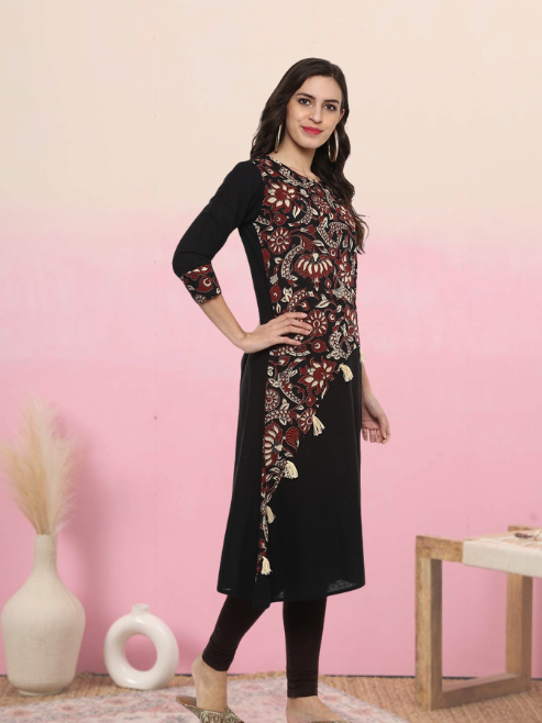 festive party floral print women kurti black