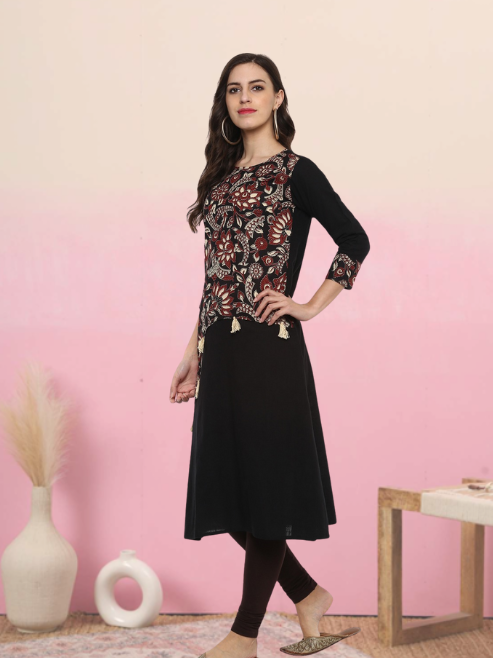 festive party floral print women kurti black