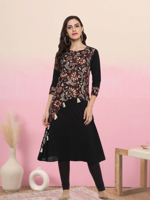 festive party floral print women kurti black