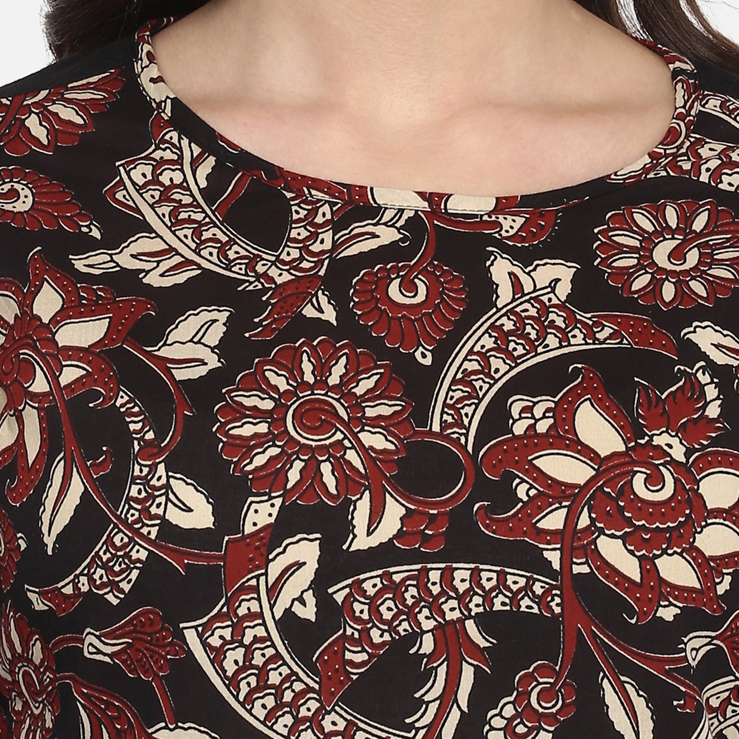 festive party floral print women kurti black