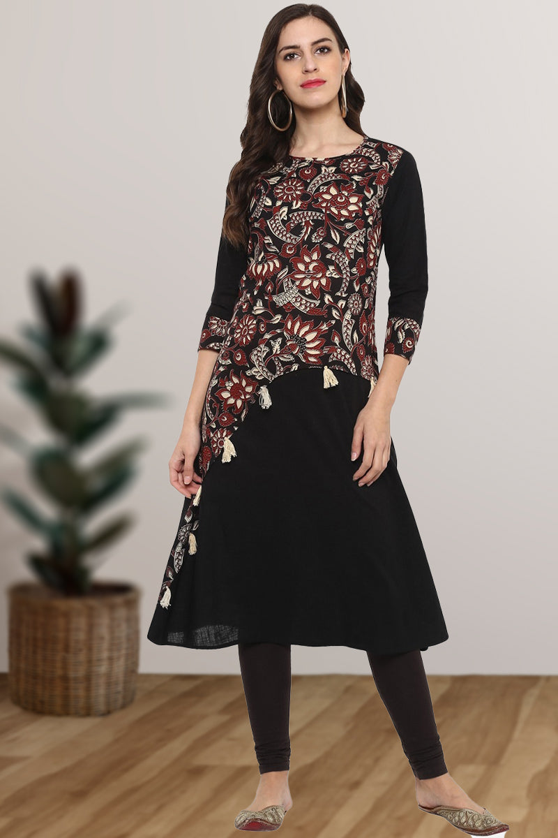 Festive & Party Floral Print Kurti (Black)