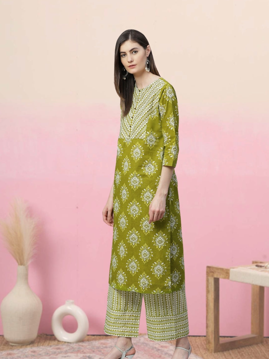 women cotton floral printed straight kurta with palazzo green