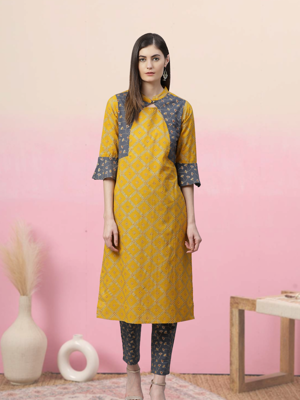 women cotton geomatrical printed straight kurta with pant yellow grey