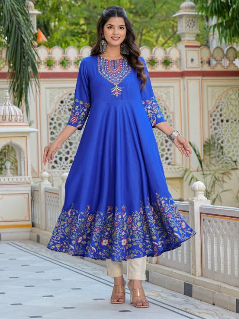 Rayon Floral Placement Printed Anarkali Kurti (Blue) & DUPTTA