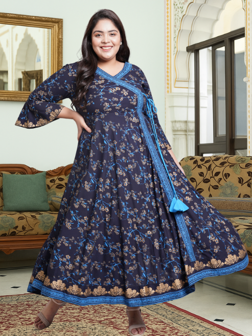 Rayon Floral Print Angrakha Kurta